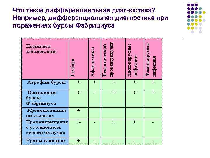 Что такое дифференциальная диагностика? Например, дифференциальная диагностика при поражениях бурсы Фабрициуса 