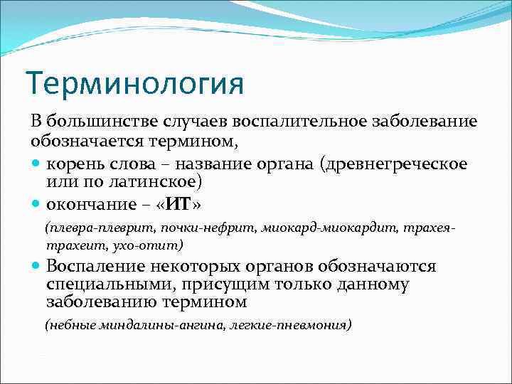 Терминология В большинстве случаев воспалительное заболевание обозначается термином, корень слова – название органа (древнегреческое