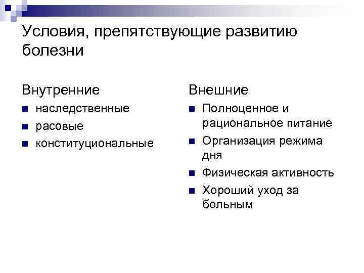 Условия, препятствующие развитию болезни Внутренние Внешние n наследственные n Полноценное и n расовые рациональное