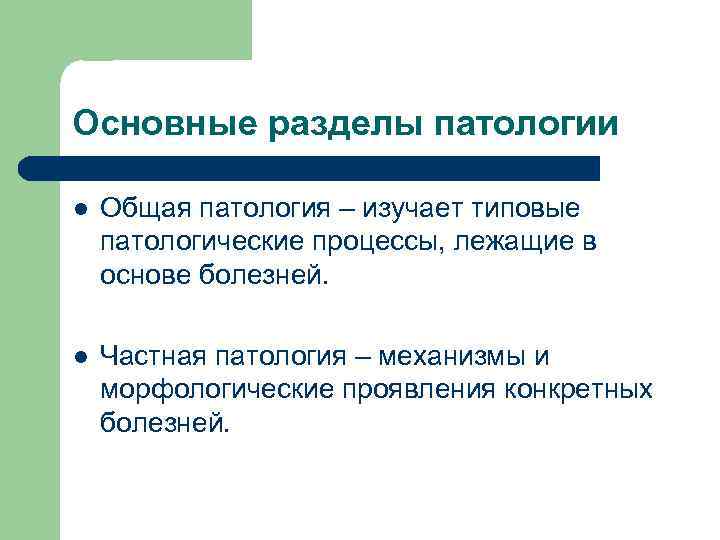 Основные разделы патологии l Общая патология – изучает типовые патологические процессы, лежащие в основе