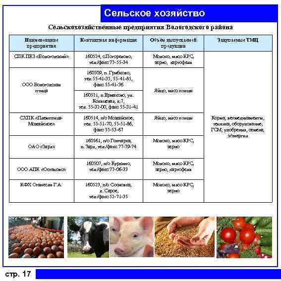 Сельское хозяйство Сельскохозяйственные предприятия Вологодского района Наименование предприятия Контактная информация Объём выпускаемой продукции СПК