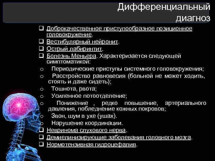  Дифференциальный диагноз q Доброкачественное приступообразное позиционное головокружение. q Вестибулярный нейронит. q Острый лабиринтит.