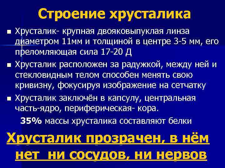  Строение хрусталика n Хрусталик- крупная двояковыпуклая линза диаметром 11 мм и толщиной в