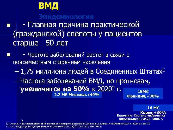  ВМД Эпидемиология n - Главная причина практической (гражданской) слепоты у пациентов старше 50