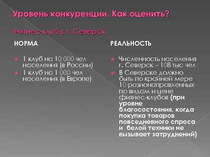 Уровень конкуренции. Как оценить? Фитнес-клуб в г. Северск НОРМА РЕАЛЬНОСТЬ 1 клуб на 10