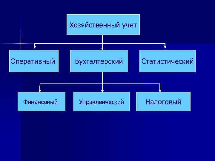  Хозяйственный учет Оперативный Бухгалтерский Статистический Финансовый Управленческий Налоговый 