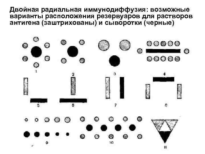 Двойная радиальная иммунодиффузия: возможные варианты расположения резервуаров для растворов антигена (заштрихованы) и сыворотки (черные)