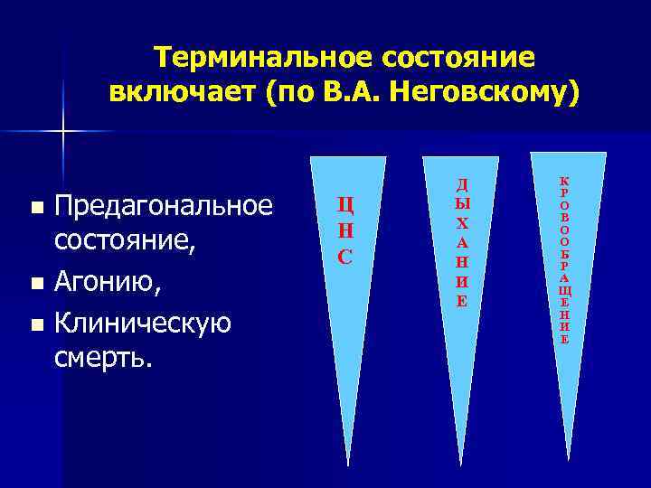   Терминальное состояние включает (по В. А. Неговскому)     Д