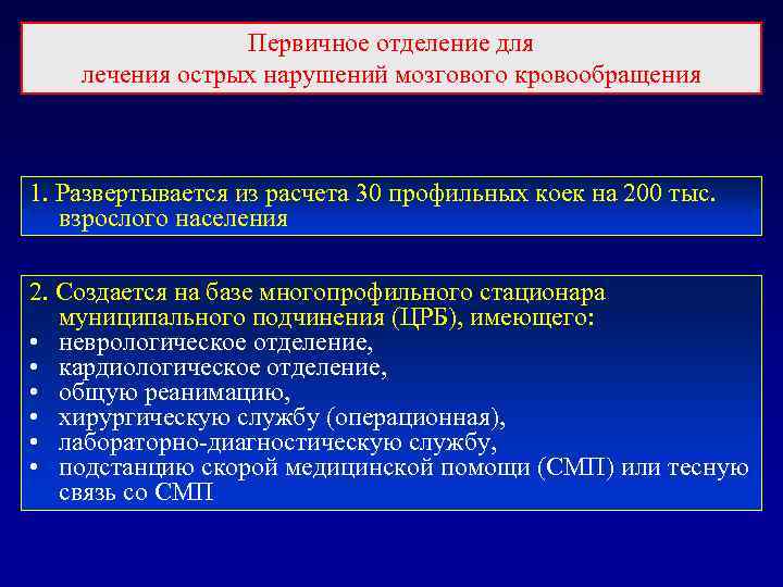    Первичное отделение для лечения острых нарушений мозгового кровообращения  1. Развертывается