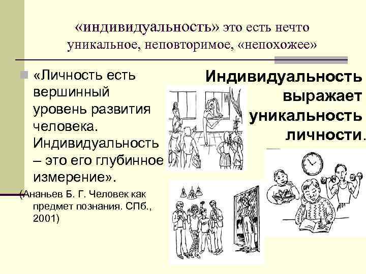  «индивидуальность» это есть нечто уникальное, неповторимое, «непохожее» n «Личность есть Индивидуальность вершинный выражает