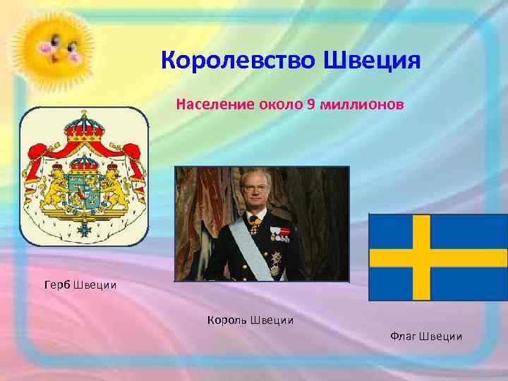  Королевство Швеция Население около 9 миллионов Герб Швеции Король Швеции Флаг Швеции 