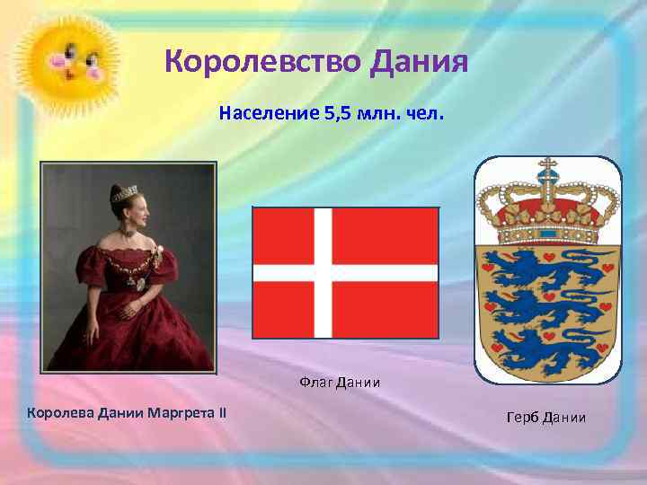  Королевство Дания Население 5, 5 млн. чел. Флаг Дании Королева Дании Маргрета II