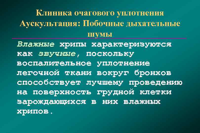   Клиника очагового уплотнения  Аускультация: Побочные дыхательные   шумы Влажные хрипы
