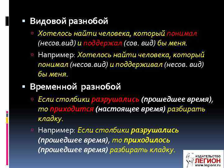  Видовой разнобой Хотелось найти человека, который понимал (несов. вид) и поддержал (сов. вид)