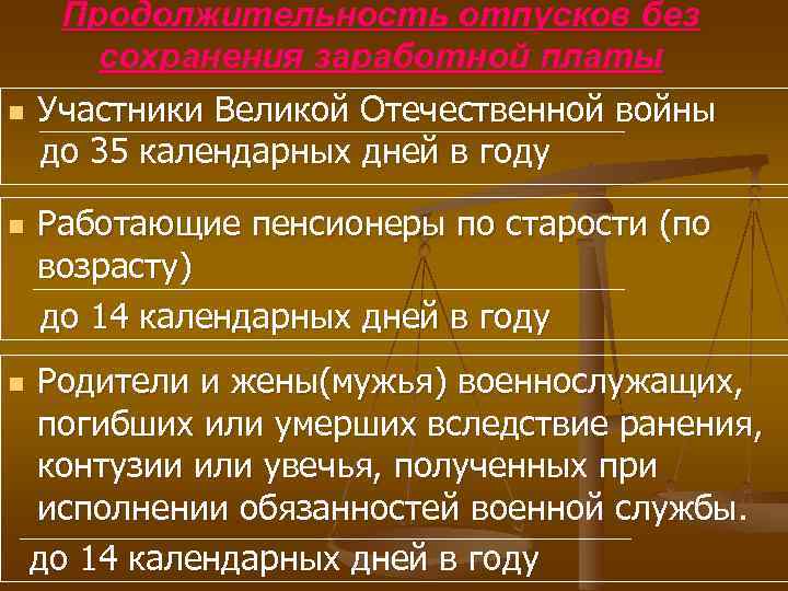  Продолжительность отпусков без сохранения заработной платы n Участники Великой Отечественной войны до 35