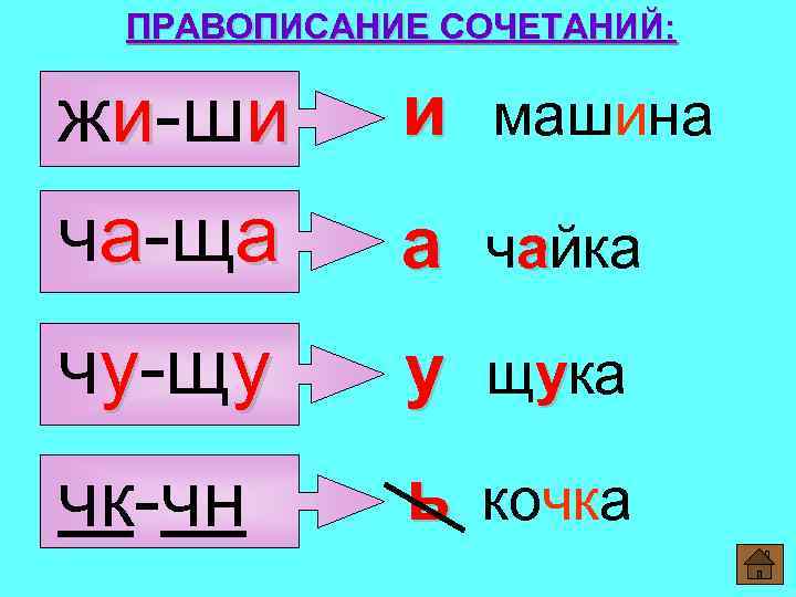  ПРАВОПИСАНИЕ СОЧЕТАНИЙ: жи-ши и машина ча-ща а чайка чу-щу у щука чк-чн ь