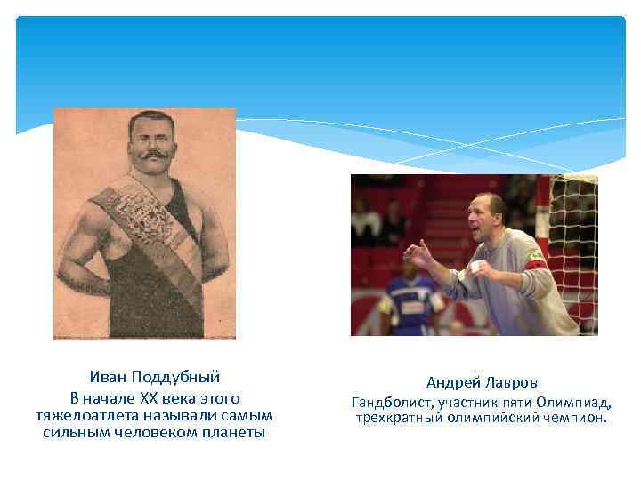  Иван Поддубный Андрей Лавров В начале ХХ века этого Гандболист, участник пяти Олимпиад,