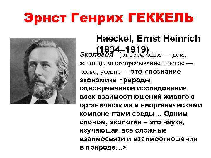 Эрнст Генрих ГЕККЕЛЬ Haeckel, Ernst Heinrich (1834– 1919) Экология ((от греч. oikos — дом,