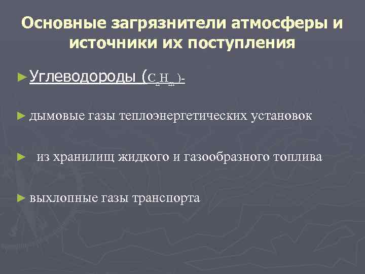 Основные загрязнители атмосферы и источники их поступления ► Углеводороды (Cn. Hm )- ► дымовые Основные загрязнители атмосферы и источники их поступления ► Углеводороды (Cn. Hm )- ► дымовые