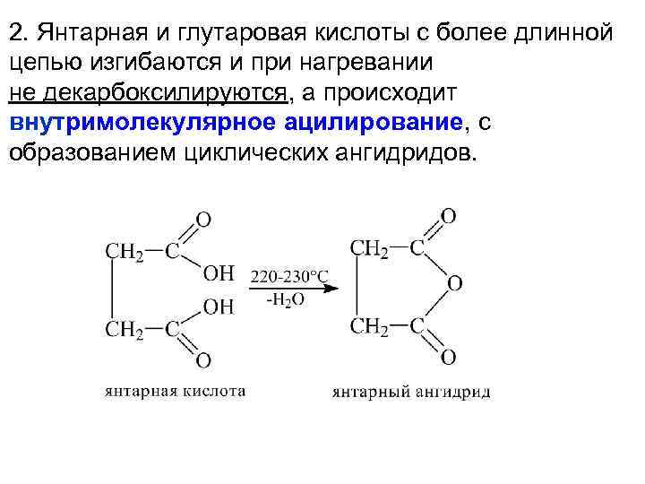 2. Янтарная и глутаровая кислоты с более длинной цепью изгибаются и при нагревании не