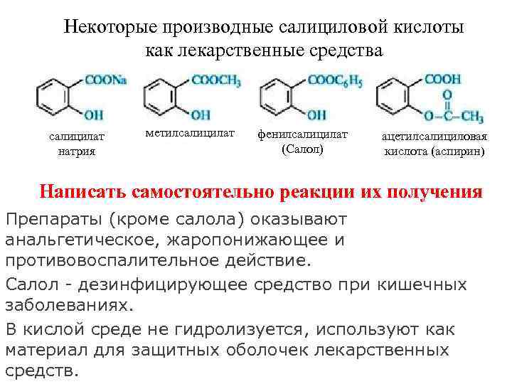  Некоторые производные салициловой кислоты как лекарственные средства салицилат метилсалицилат фенилсалицилат ацетилсалициловая натрия (Салол)