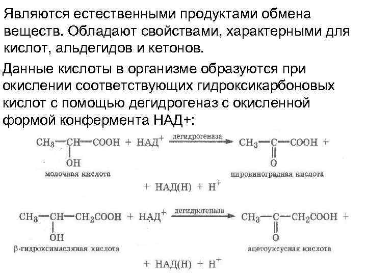 Являются естественными продуктами обмена веществ. Обладают свойствами, характерными для кислот, альдегидов и кетонов. Данные