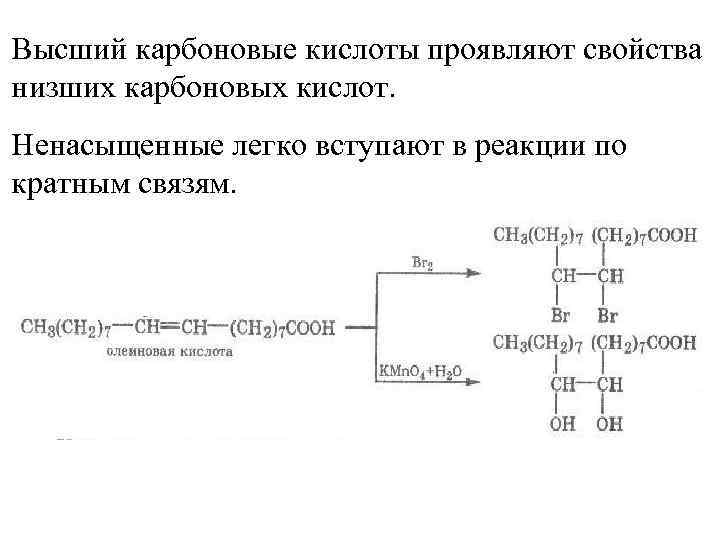 Высший карбоновые кислоты проявляют свойства низших карбоновых кислот. Ненасыщенные легко вступают в реакции по