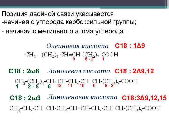 Позиция двойной связи указывается -начиная с углерода карбоксильной группы; - начиная с метильного атома