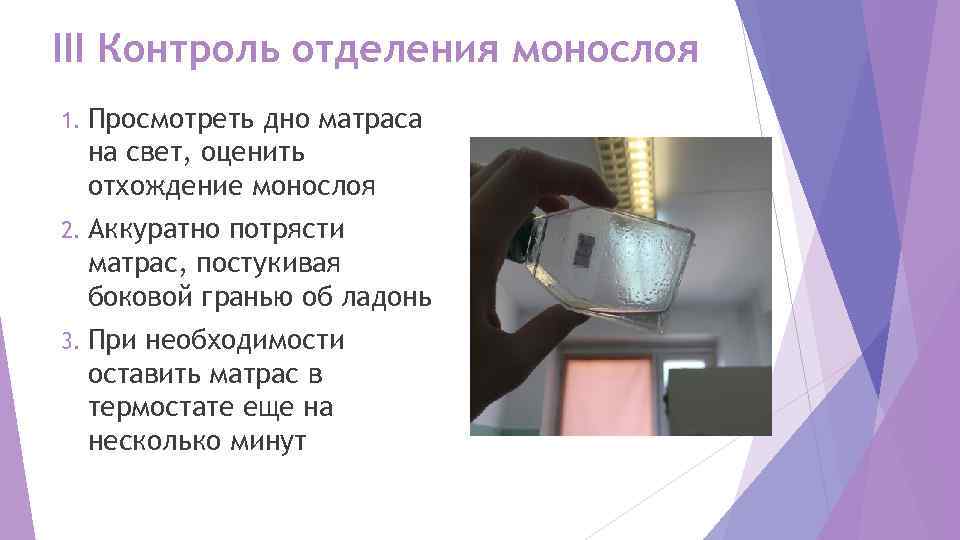 III Контроль отделения монослоя 1. Просмотреть дно матраса  на свет, оценить  отхождение