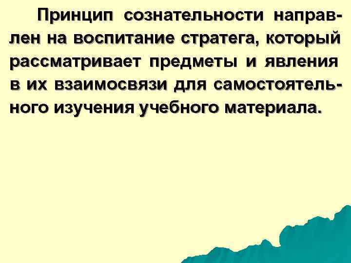  Принцип сознательности направ- лен на воспитание стратега, который рассматривает предметы и явления в