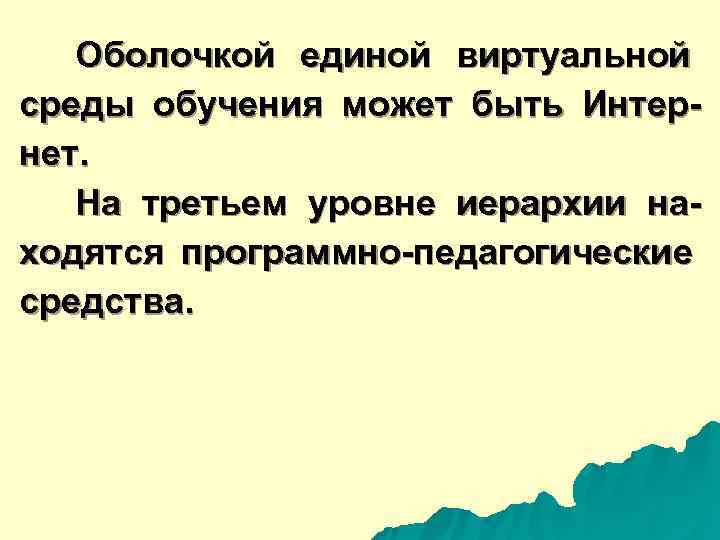  Оболочкой единой виртуальной среды обучения может быть Интер- нет. На третьем уровне иерархии