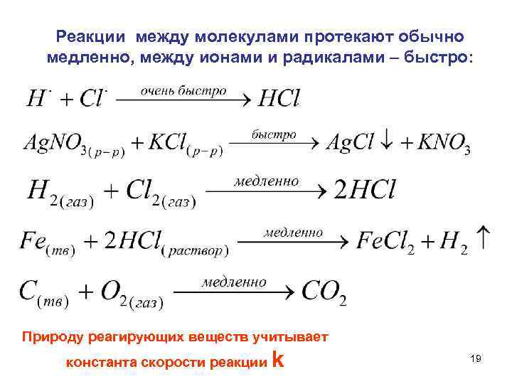  Реакции между молекулами протекают обычно медленно, между ионами и радикалами – быстро: Природу