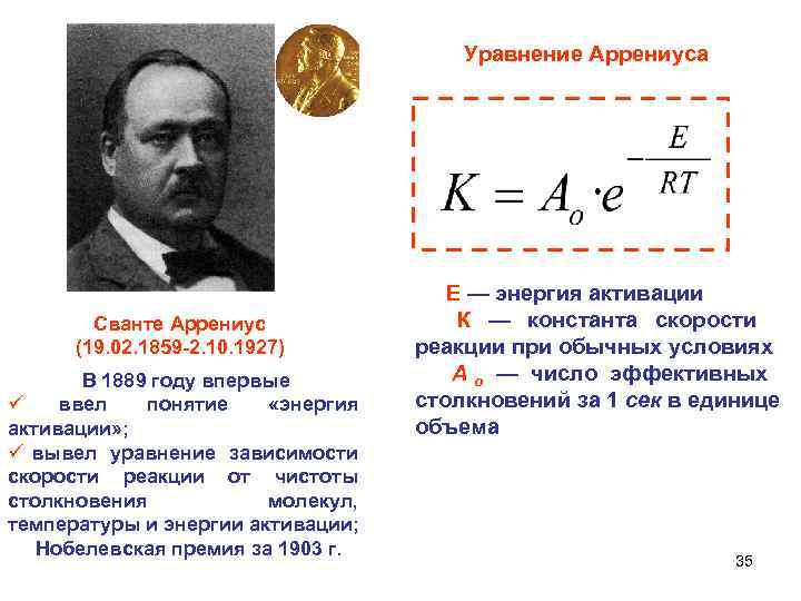  Уравнение Аррениуса E — энергия активации Сванте Аррениус К — константа скорости (19.