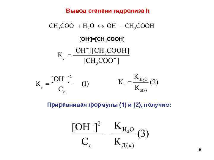  Вывод степени гидролиза h   [OH-]=[CH 3 COOH] Приравнивая формулы (1) и
