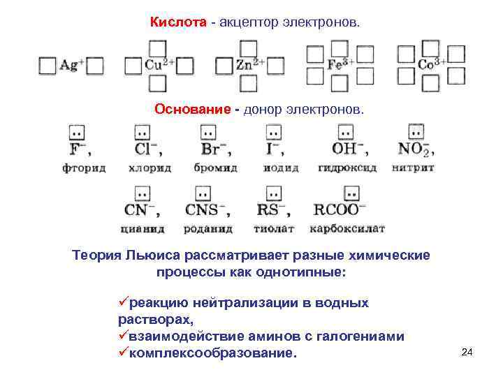  Кислота - акцептор электронов. Основание - донор электронов. Теория Льюиса рассматривает разные химические