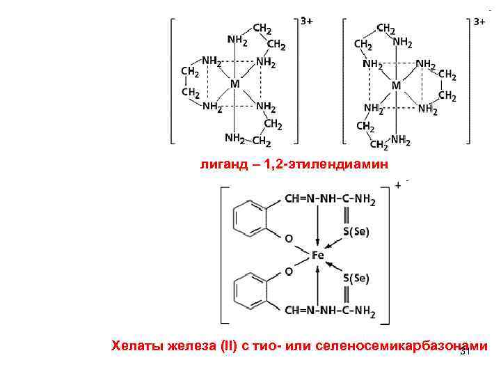  лиганд – 1, 2 -этилендиамин Хелаты железа (ll) с тио- или селеносемикарбазонами 31