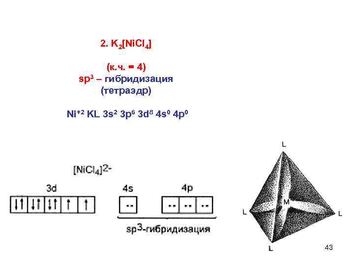  2. K 2[Ni. Cl 4] (к. ч. = 4) sp 3 – гибридизация