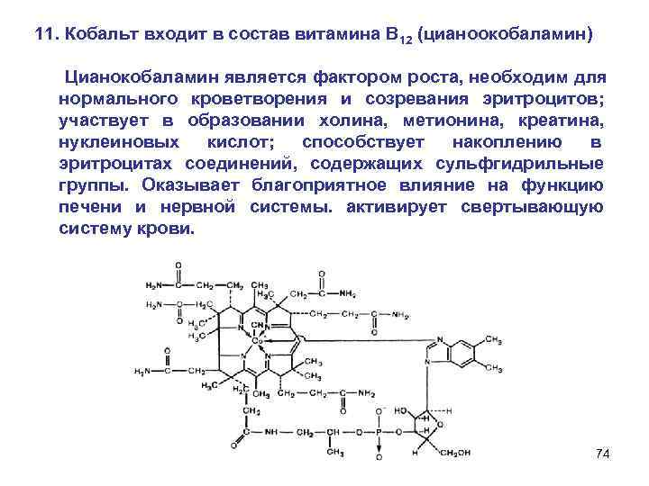 11. Кобальт входит в состав витамина B 12 (цианоокобаламин) Цианокобаламин является фактором роста, необходим