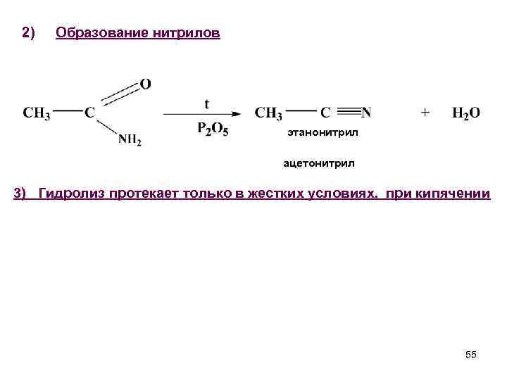 Схема реакции гидролиза этанонитрила