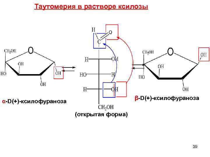  Таутомерия в растворе ксилозы β-D(+)-ксилофураноза α-D(+)-ксилофураноза (открытая форма) 39 