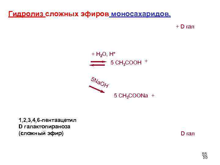 Гидролиз сложных эфиров моносахаридов. + D гал + H 2 O, H+ 5 CH