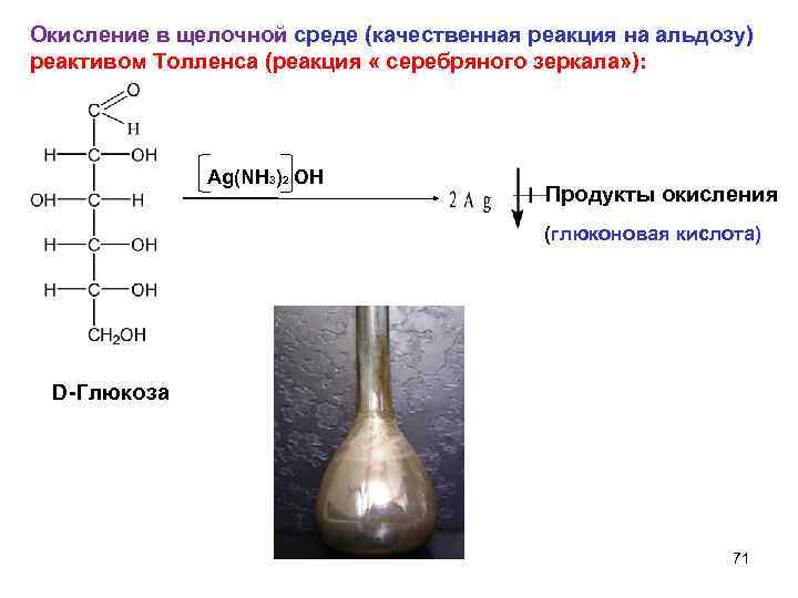 Окисление в щелочной среде (качественная реакция на альдозу) реактивом Толленса (реакция « серебряного зеркала»