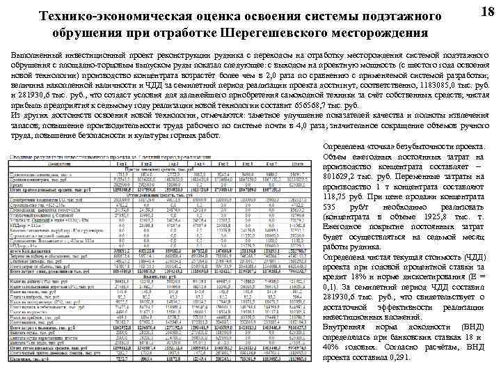  Технико-экономическая оценка освоения системы подэтажного 18 обрушения при отработке Шерегешевского месторождения Выполненный инвестиционный