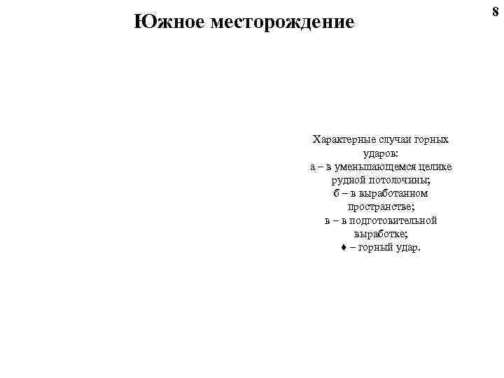  8 Южное месторождение Характерные случаи горных ударов: а – в уменьшающемся целике рудной