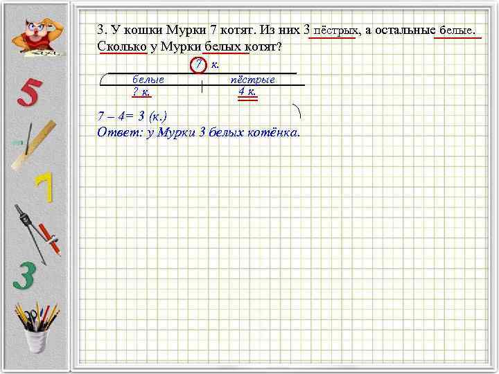 3. У кошки Мурки 7 котят. Из них 3 пёстрых, а остальные белые. Сколько