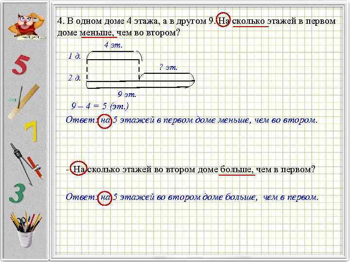 4. В одном доме 4 этажа, а в другом 9. На сколько этажей в