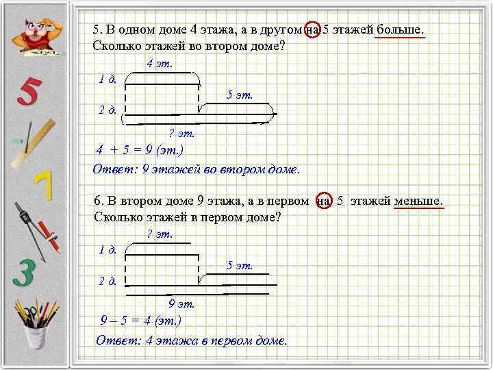 5. В одном доме 4 этажа, а в другом на 5 этажей больше. Сколько