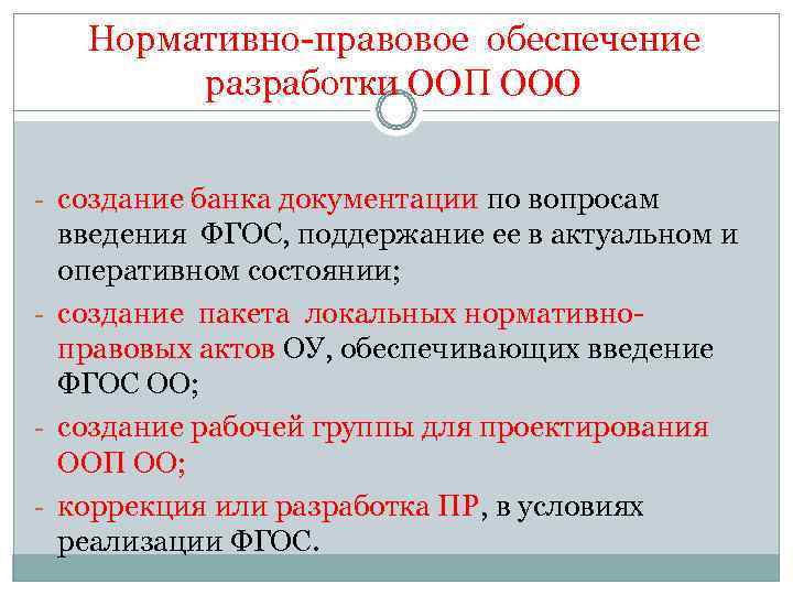  Нормативно-правовое обеспечение разработки ООП OОО - создание банка документации по вопросам введения ФГОС,