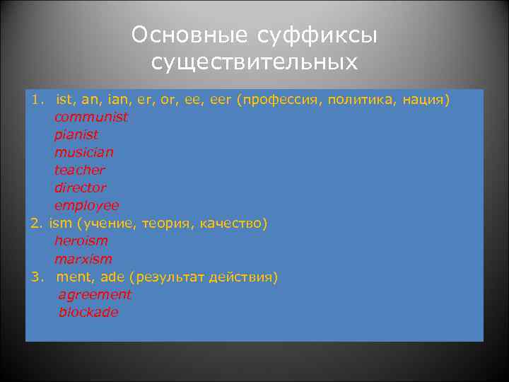  Основные суффиксы существительных 1. ist, an, ian, er, or, eer (профессия, политика, нация)