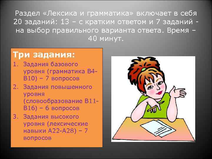 Раздел «Лексика и грамматика» включает в себя 20 заданий: 13 – с кратким ответом